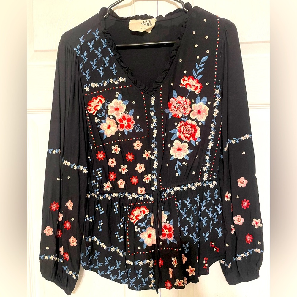 Savanna Jane Black Blouse with Red and Blue Embroidery